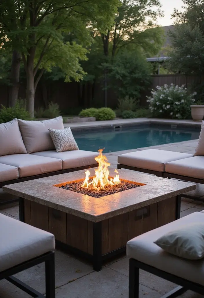 fire table poolside setup