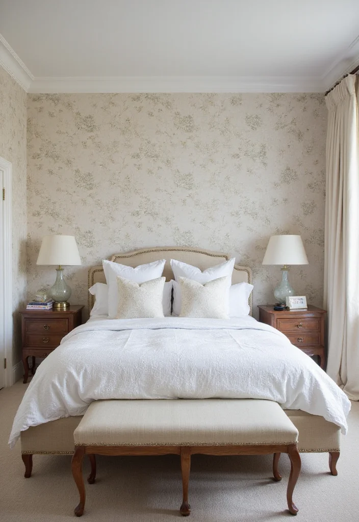 floral wallpaper feature wall cottage bedroom