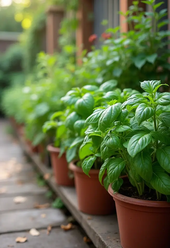 fresh herbs growing in patio pots
