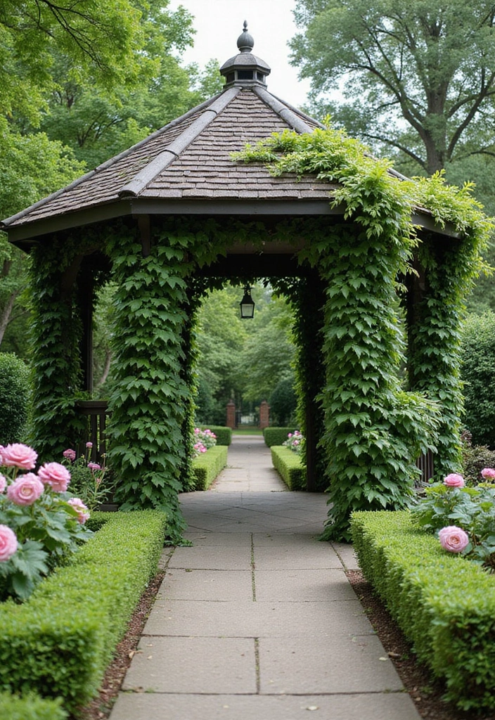 garden gazebo covered in flowering vines
