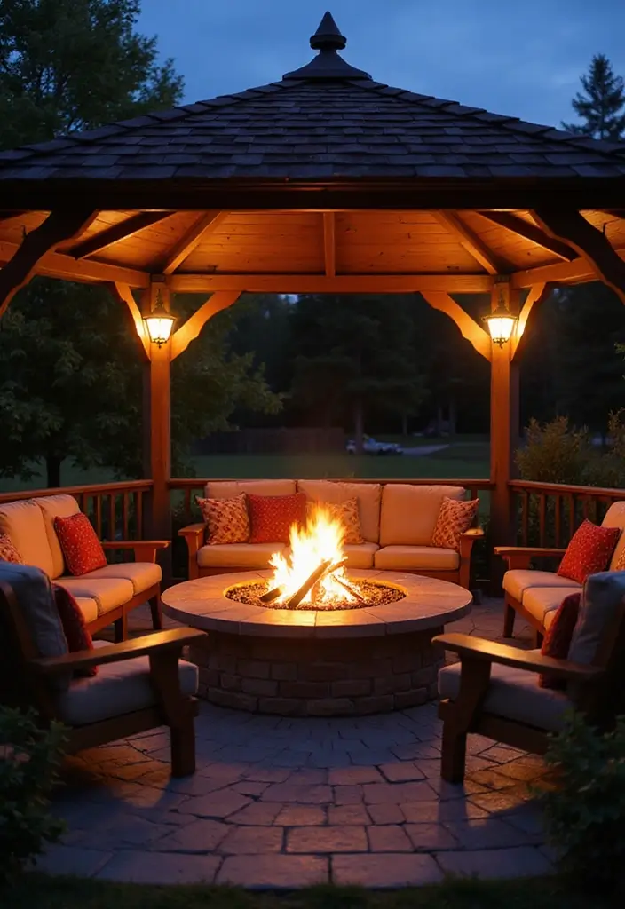 gazebo with fire pit seating
