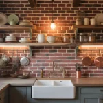 rustic kitchen backsplash ideas collage with brick wood