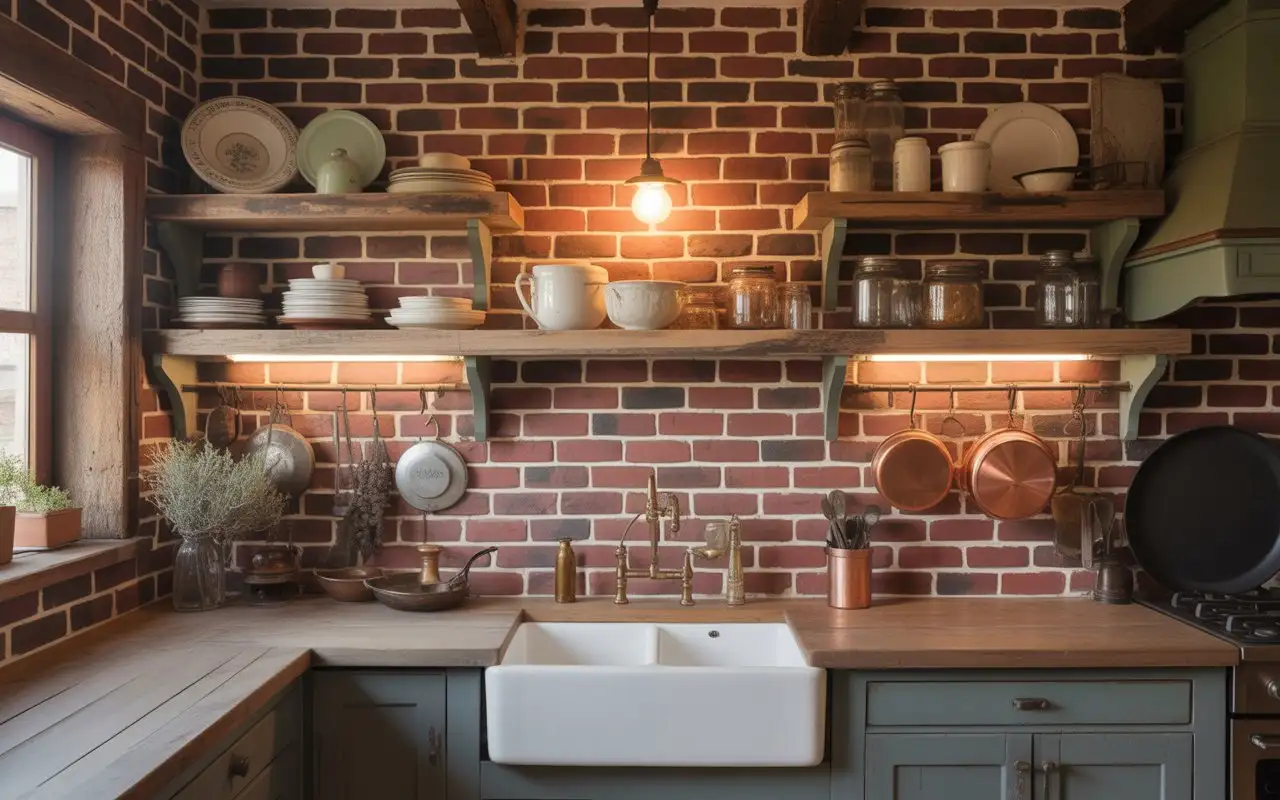rustic kitchen backsplash ideas collage with brick wood
