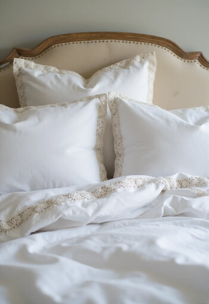 linen and lace cottage bedroom bedding
