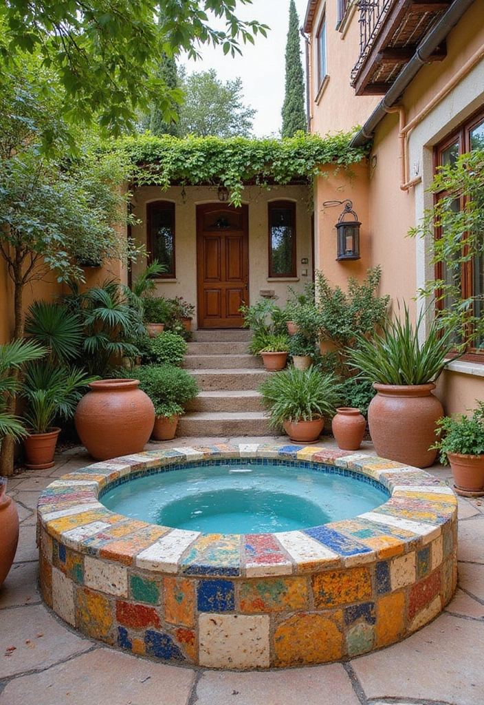 mediterranean tiled jacuzzi backyard oasis