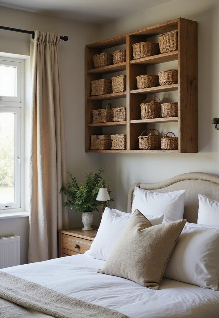 open shelves wicker baskets cottage bedroom