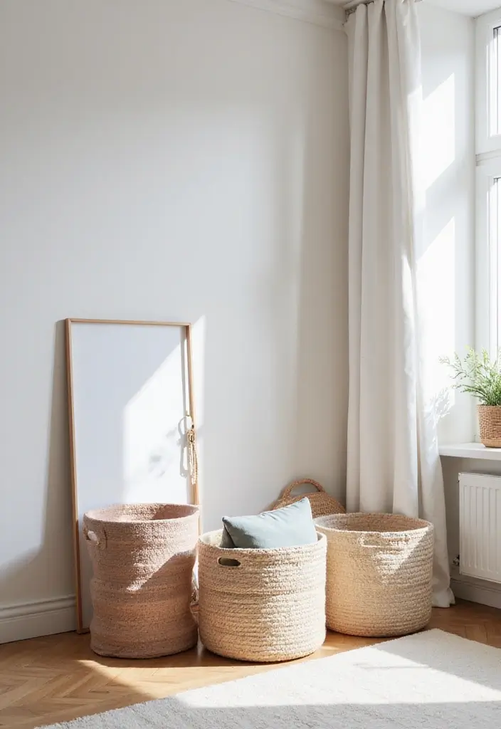 pastel storage baskets organized apartment style