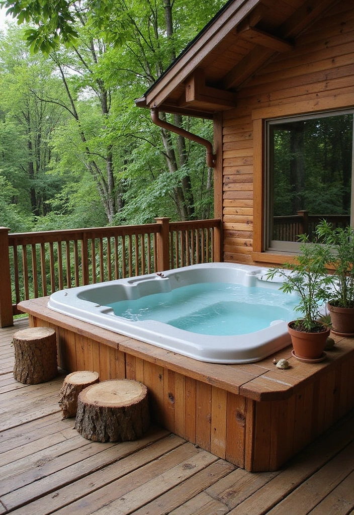 rustic wood deck jacuzzi setup