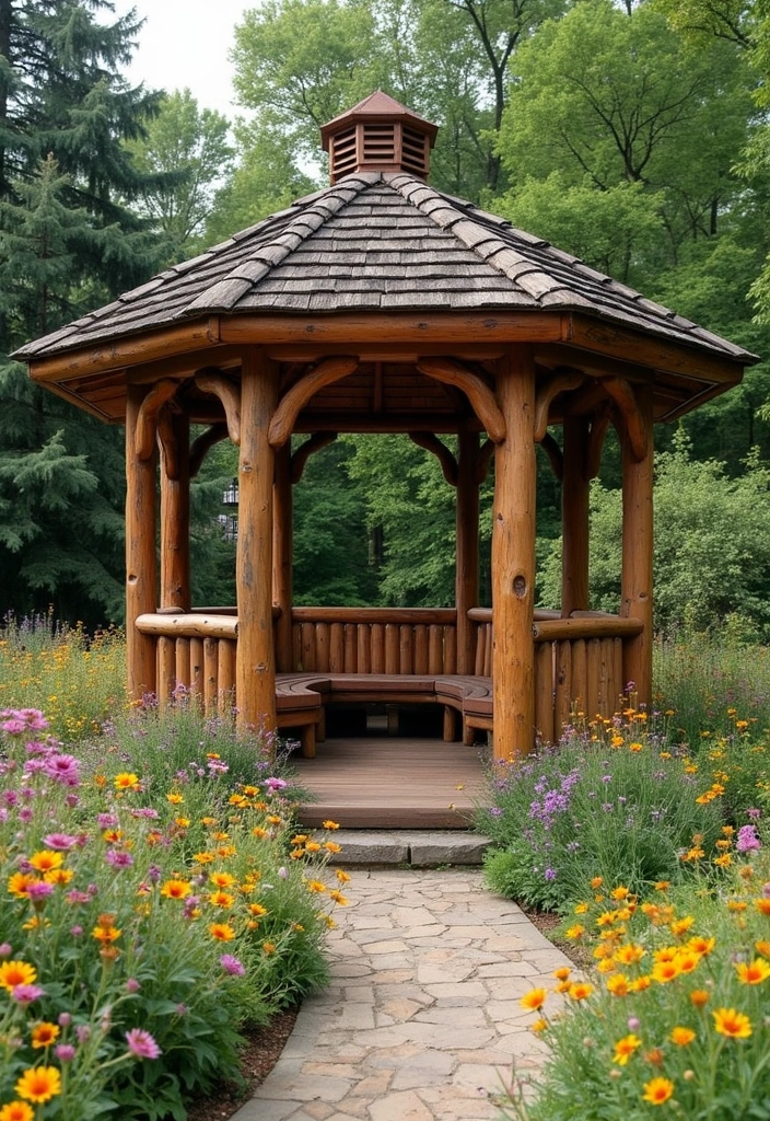 rustic wooden gazebo with cozy seating

