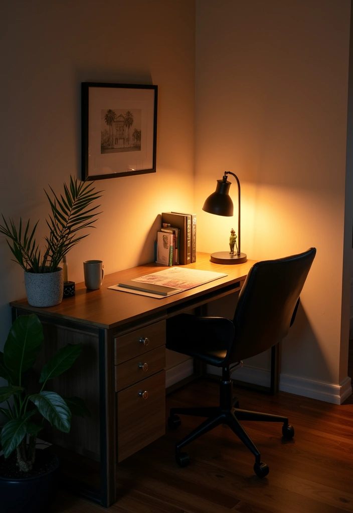 statement lighting corner desk setup
