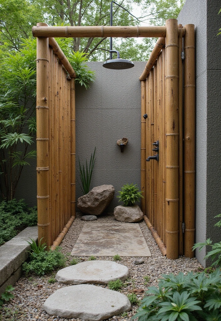 stone wood outdoor shower