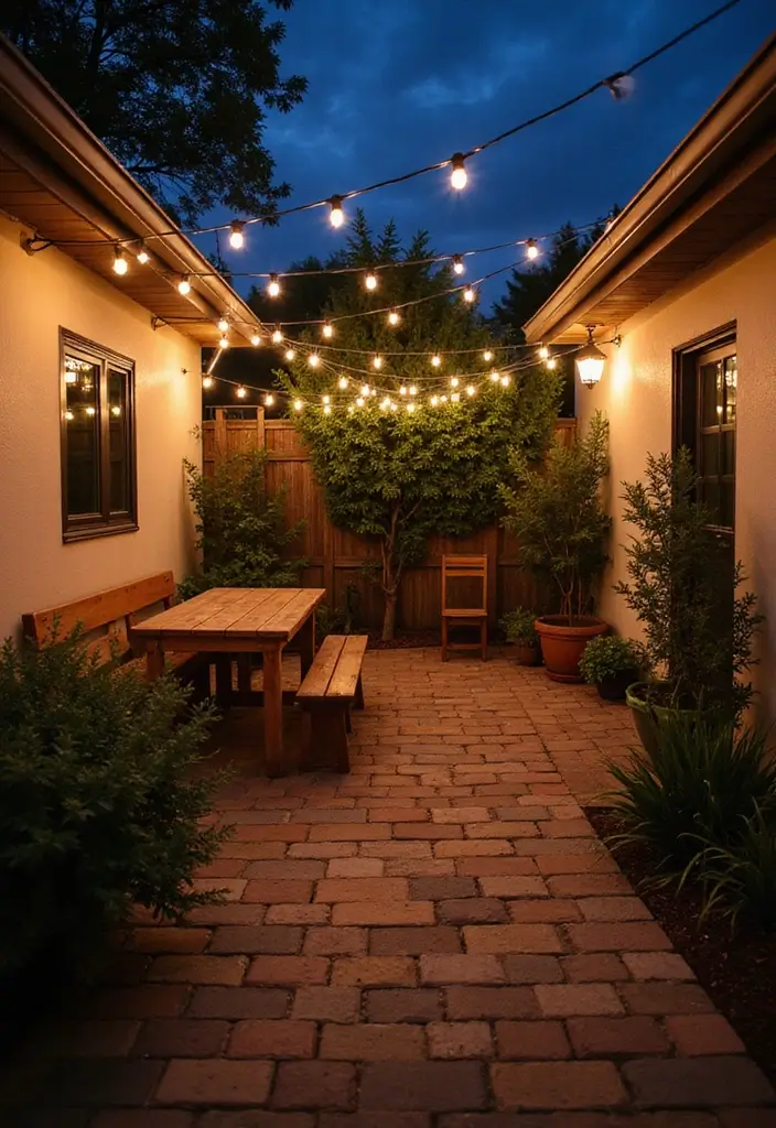 string lights hanging over small patio area