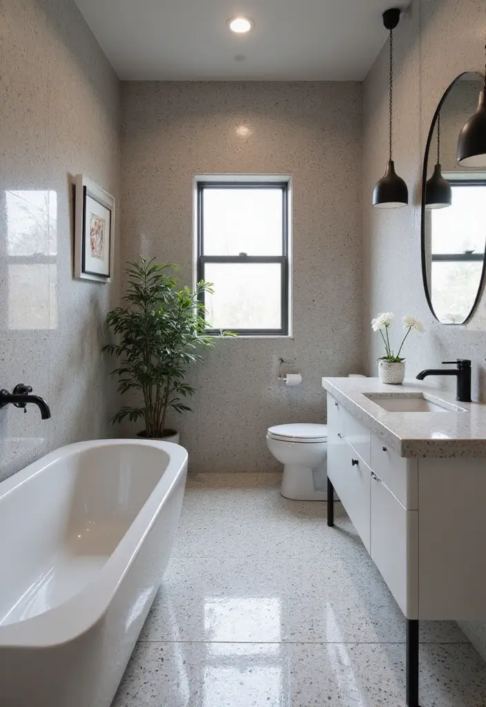 terrazzo bathroom with black fixtures