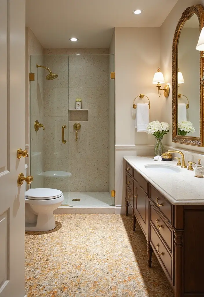 terrazzo bathroom with gold accents
