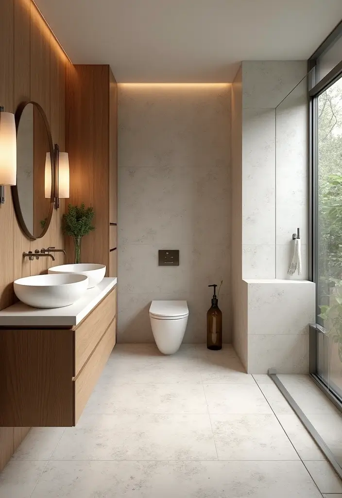 terrazzo bathroom with wood accents