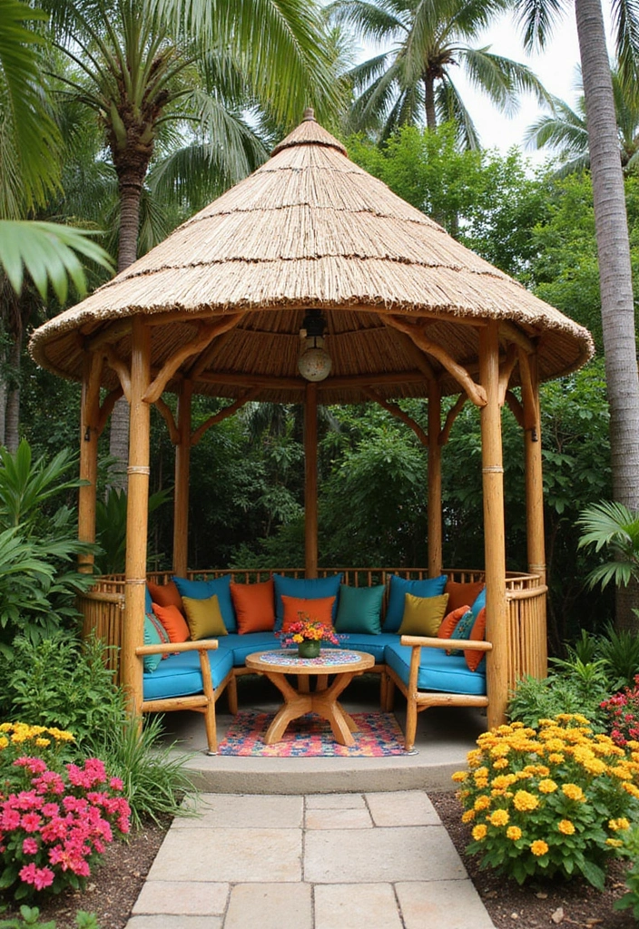 tropical bamboo gazebo with palms
