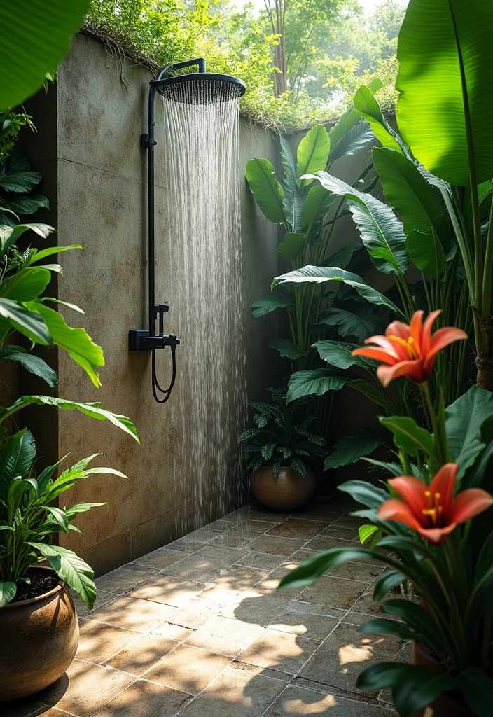 tropical plants around outdoor shower