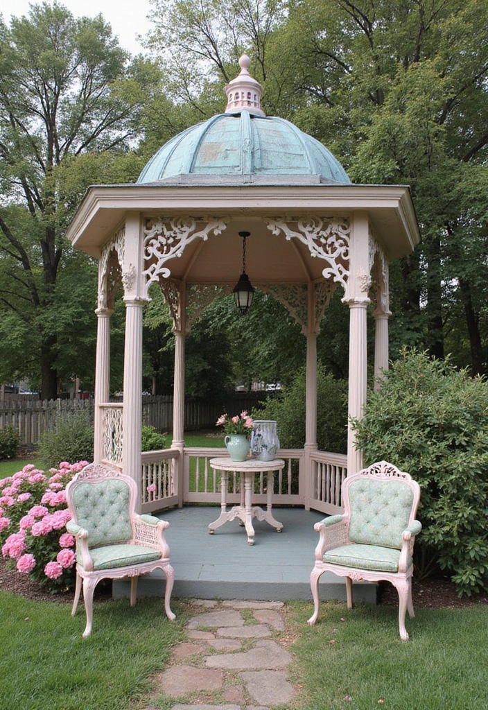 vintage gazebo with wrought iron
