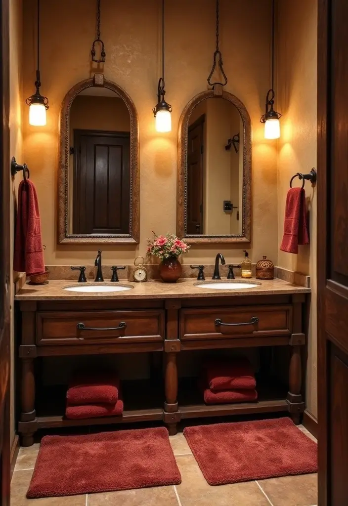 warm toned textiles double sink bathroom