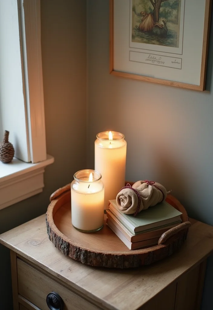 wooden tray candles cottage bedroom nightstand