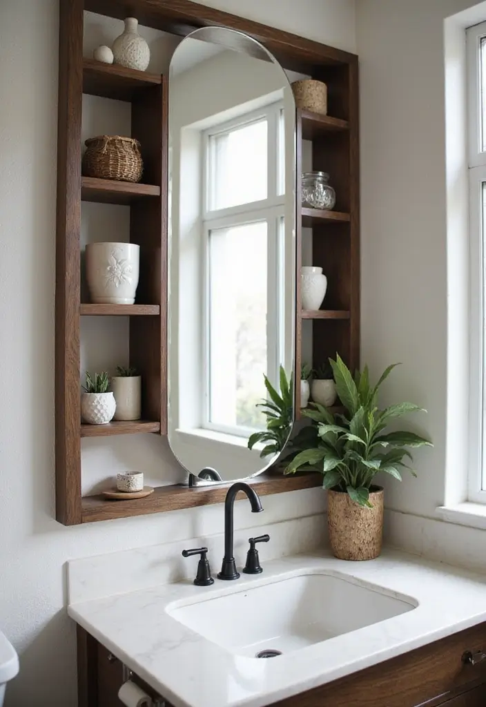 bathroom mirror with built in shelves