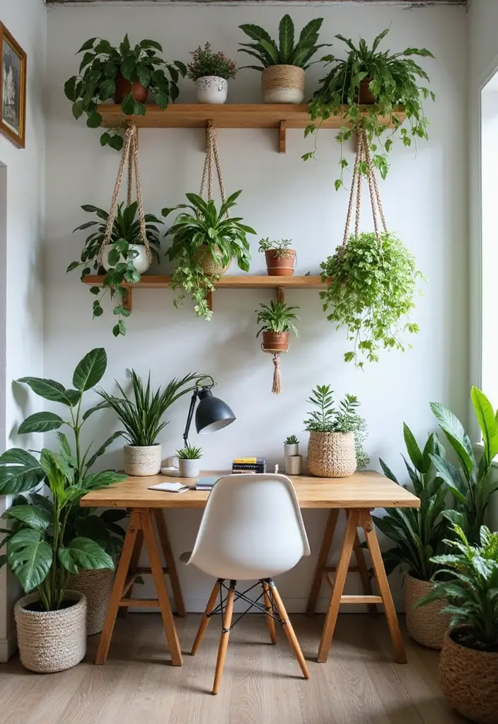 boho home office with indoor plants