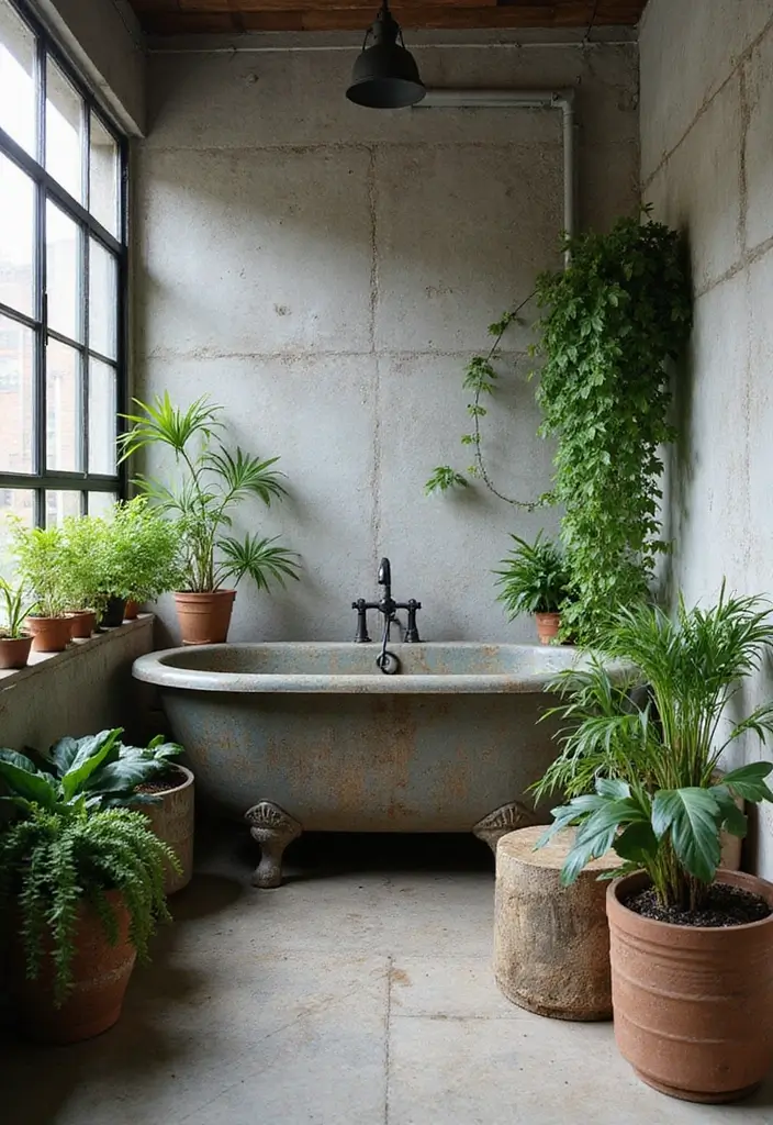 industrial bathroom greenery natural accents