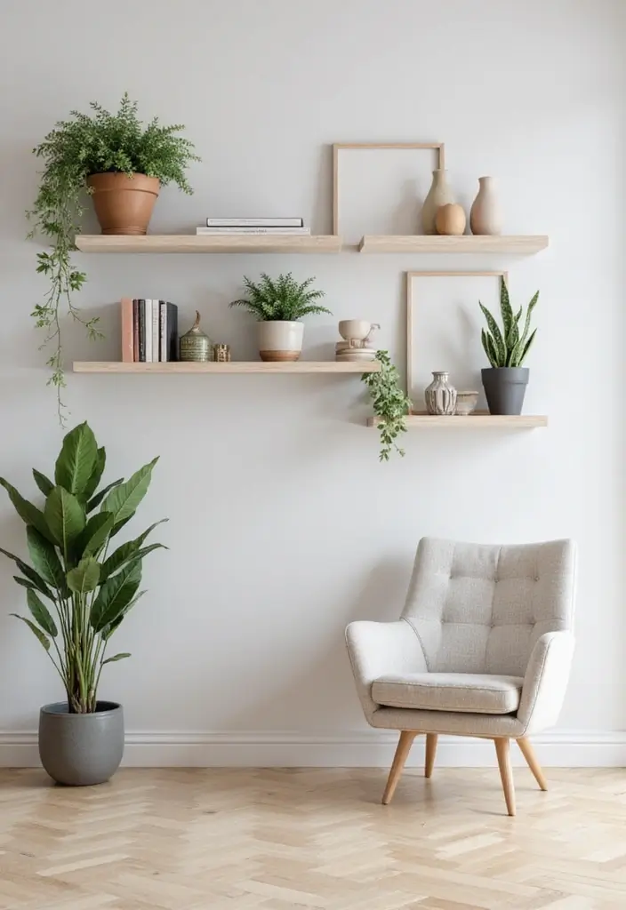 japandi floating shelves workspace