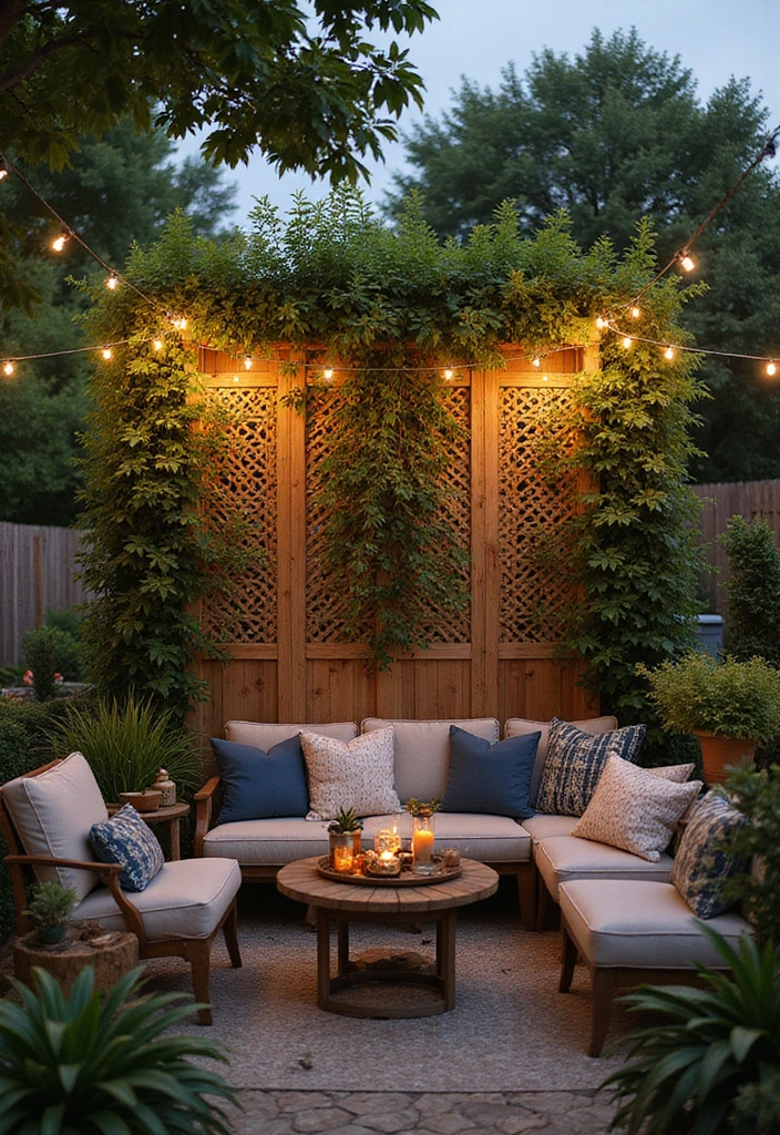 lattice wood panel screen cozy backyard