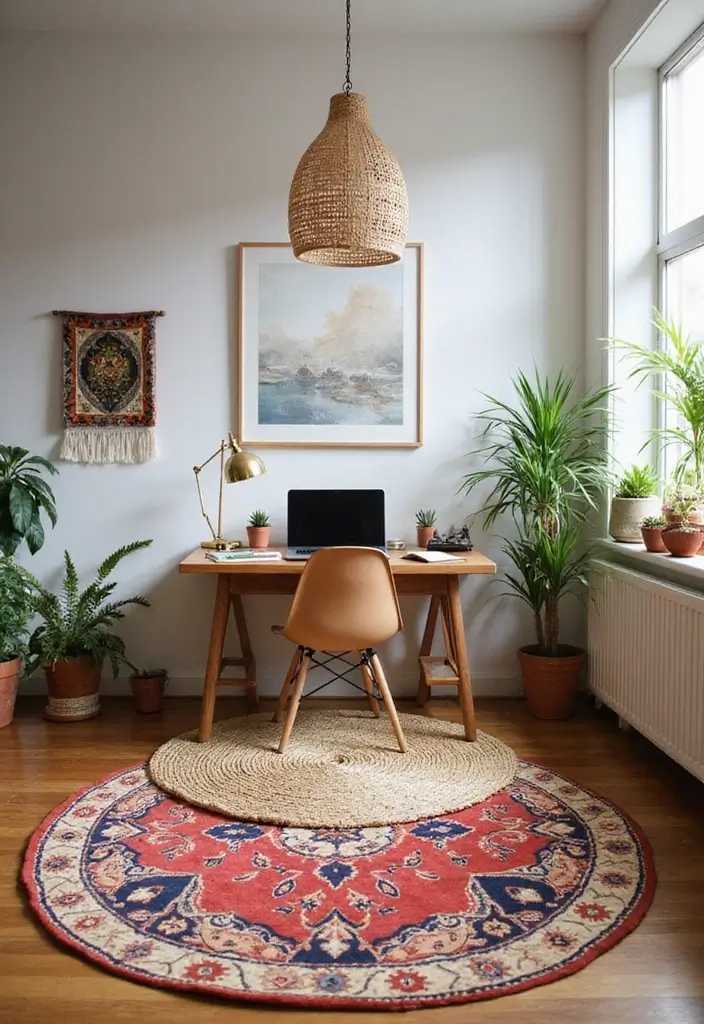 layered rugs boho home office style