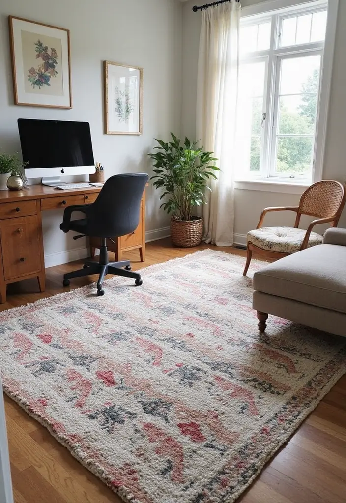 layered rugs cozy moody office floor