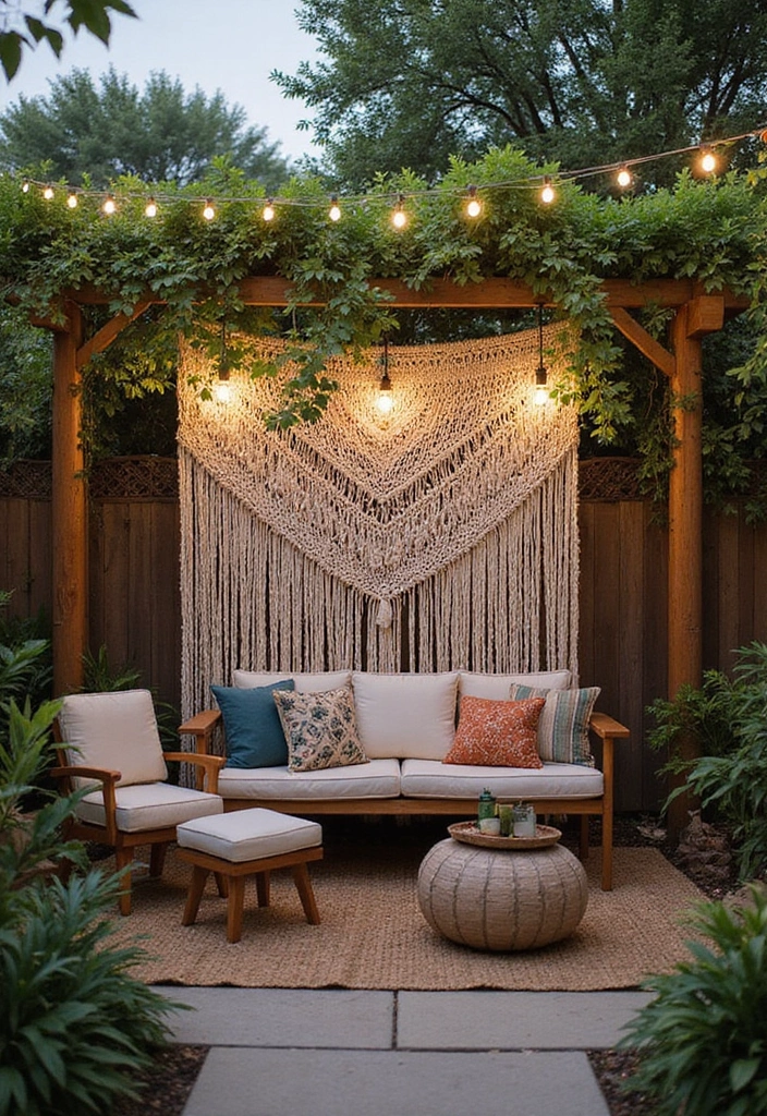 macramé hanging privacy screen bohemian backyard
