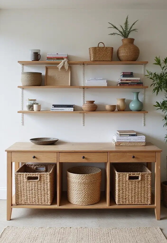 japandi floating shelves workspace