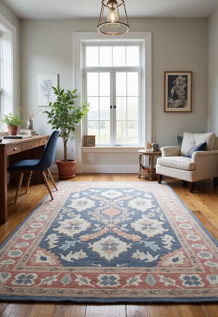 statement rug anchors cozy farmhouse workspace