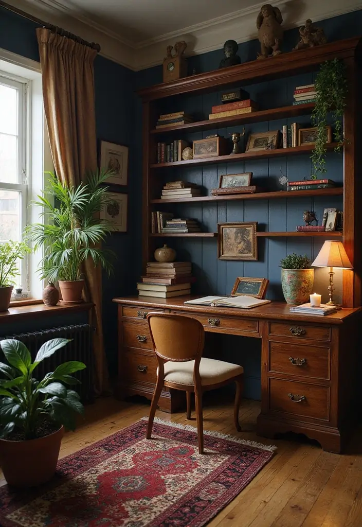 vintage vibes dark cozy office setup