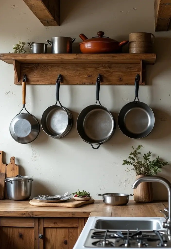 wall mounted pot racks farmhouse kitchen