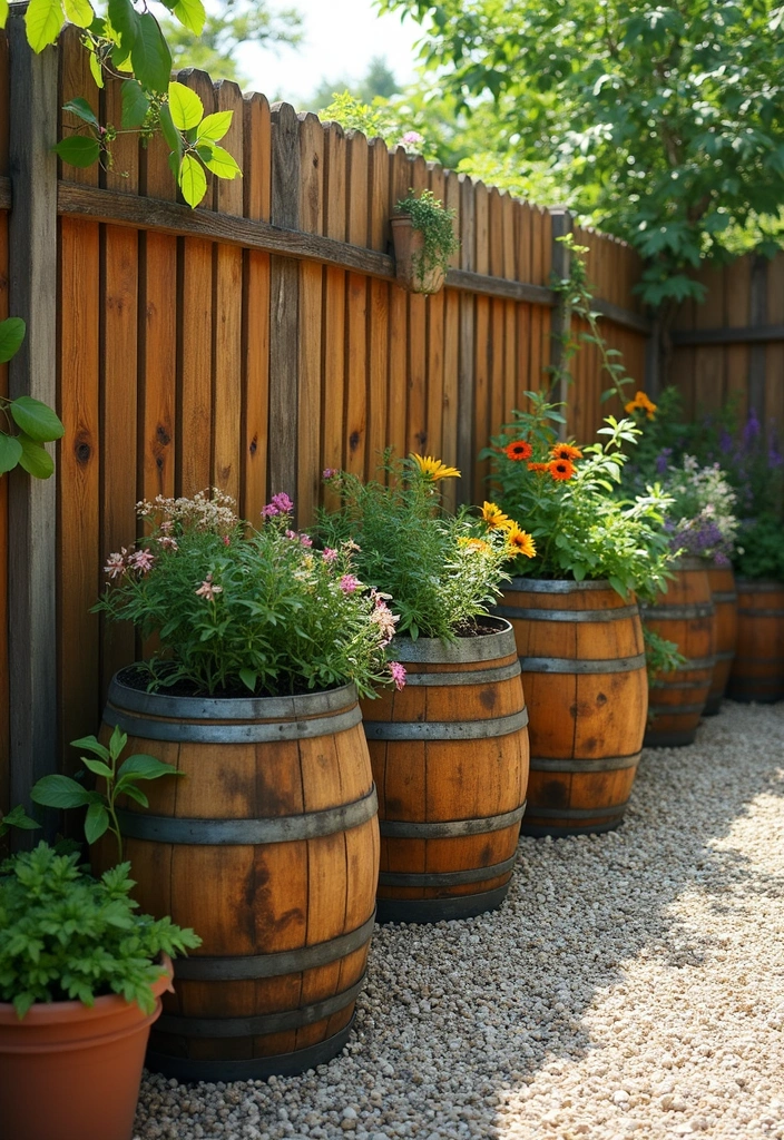 wooden barrel planter privacy fence creative