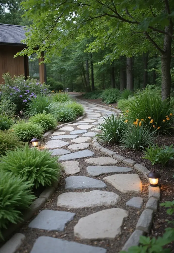 decorative garden pathways with stones and plants