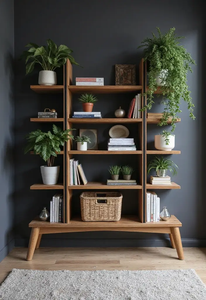 eclectic shelving displaying decor books and plants